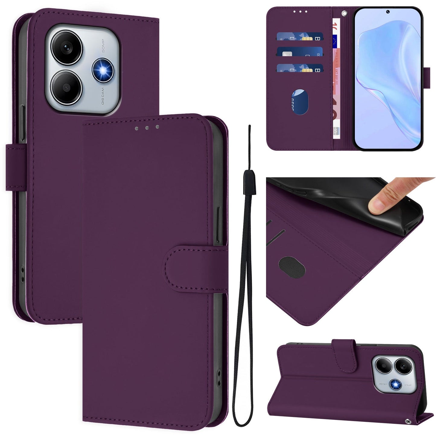 For Xiaomi Redmi Note 14 5G Case Solid Color Wallet Leather Phone Cover with Strap - Violet