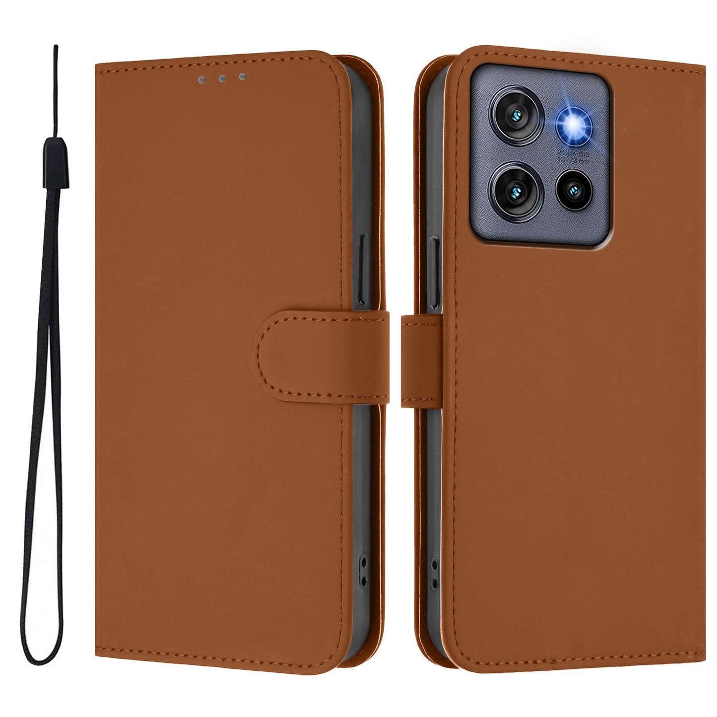 For Motorola Edge 50 Neo 5G Case Solid Color Wallet Leather Phone Cover with Strap - Brown