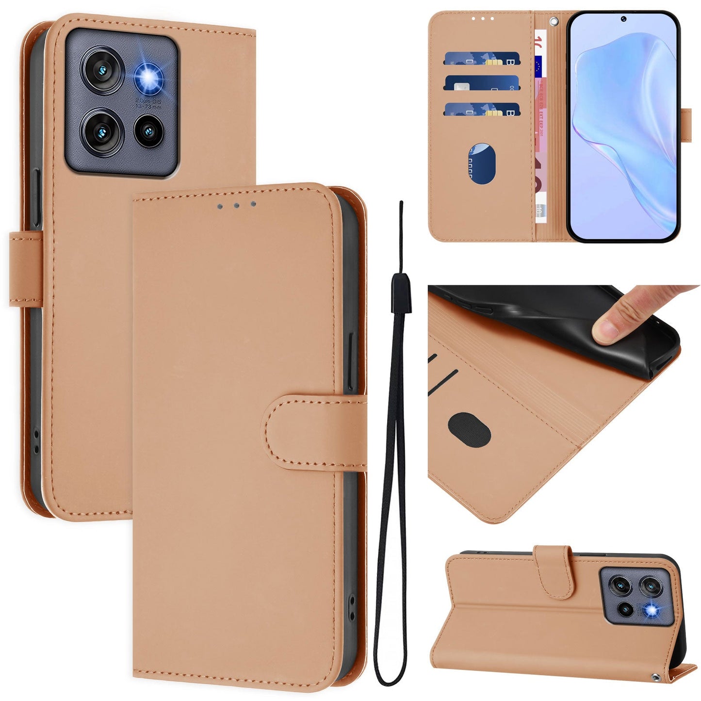 For Motorola Edge 50 Neo 5G Case Solid Color Wallet Leather Phone Cover with Strap - Nude