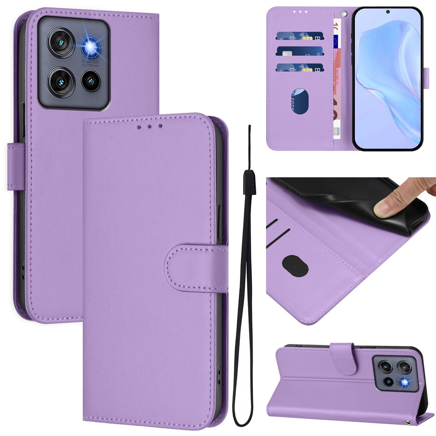 For Motorola Edge 50 Neo 5G Case Solid Color Wallet Leather Phone Cover with Strap - Lavender