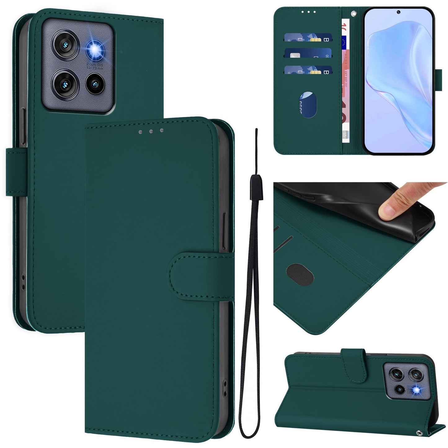 For Motorola Edge 50 Neo 5G Case Solid Color Wallet Leather Phone Cover with Strap - Dark Green