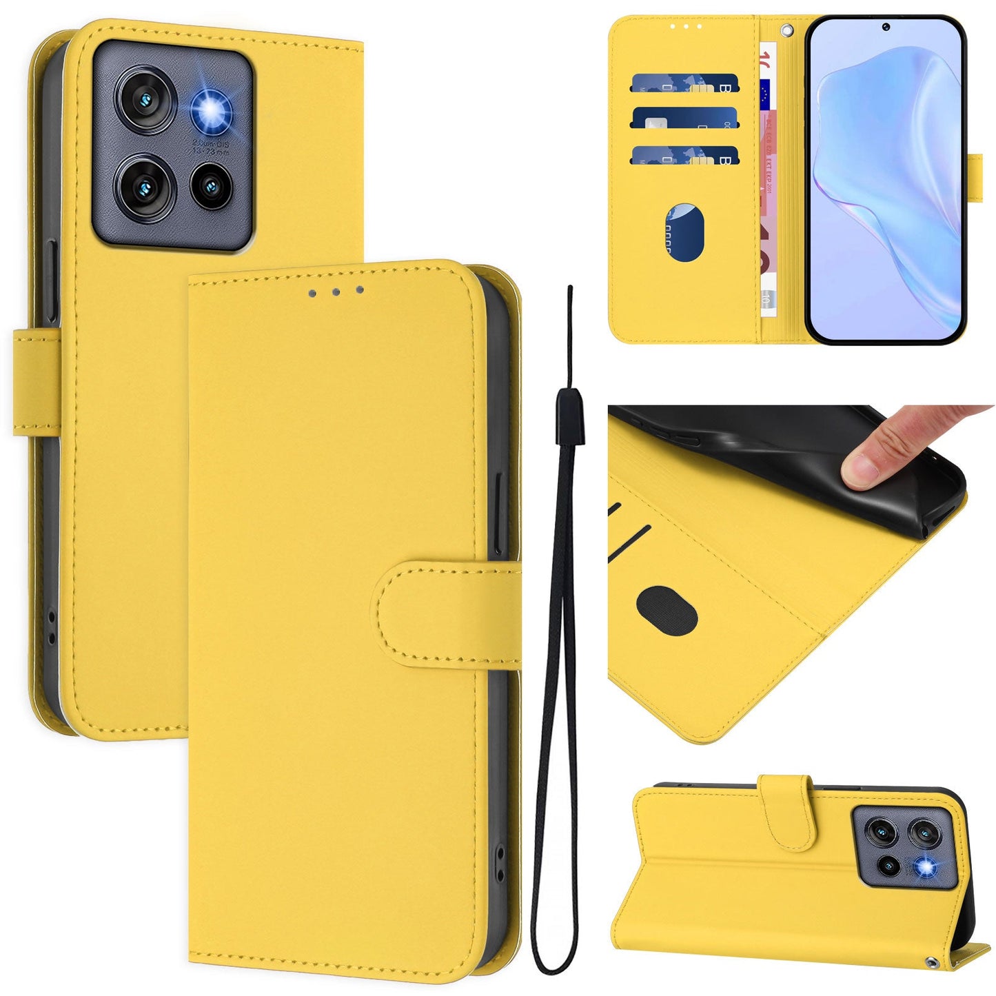 For Motorola Edge 50 Neo 5G Case Solid Color Wallet Leather Phone Cover with Strap - Lemon