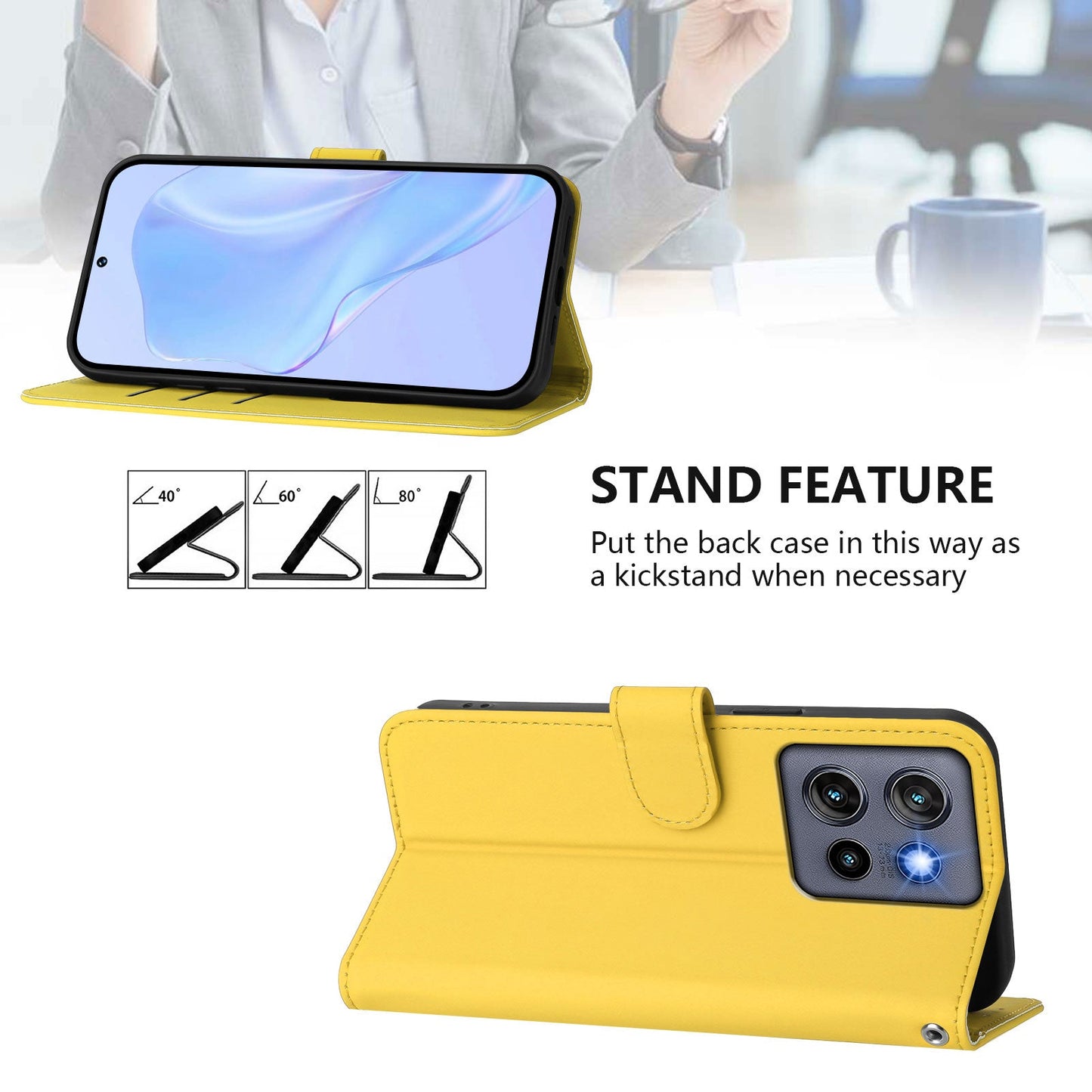 For Motorola Edge 50 Neo 5G Case Solid Color Wallet Leather Phone Cover with Strap - Lemon