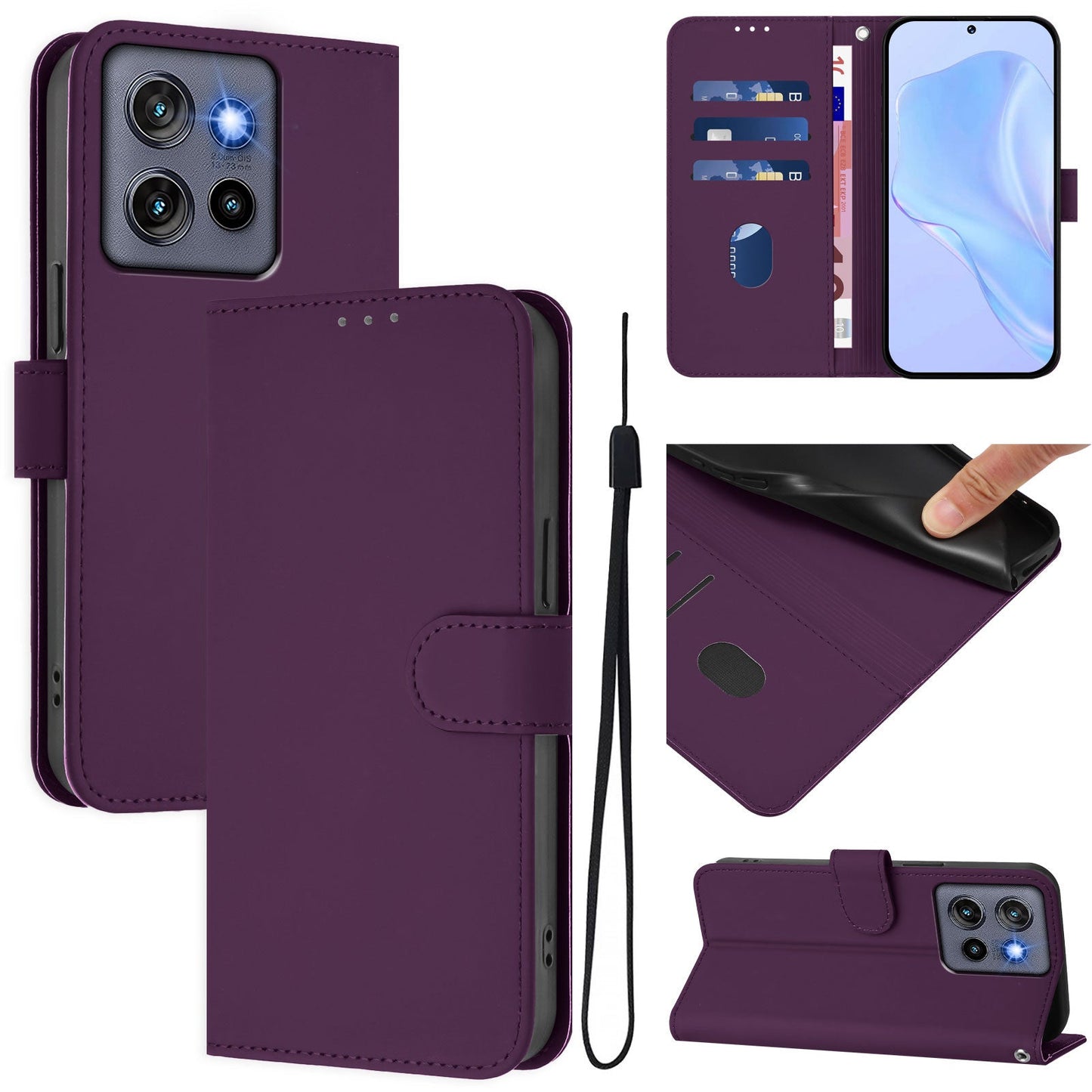For Motorola Edge 50 Neo 5G Case Solid Color Wallet Leather Phone Cover with Strap - Violet