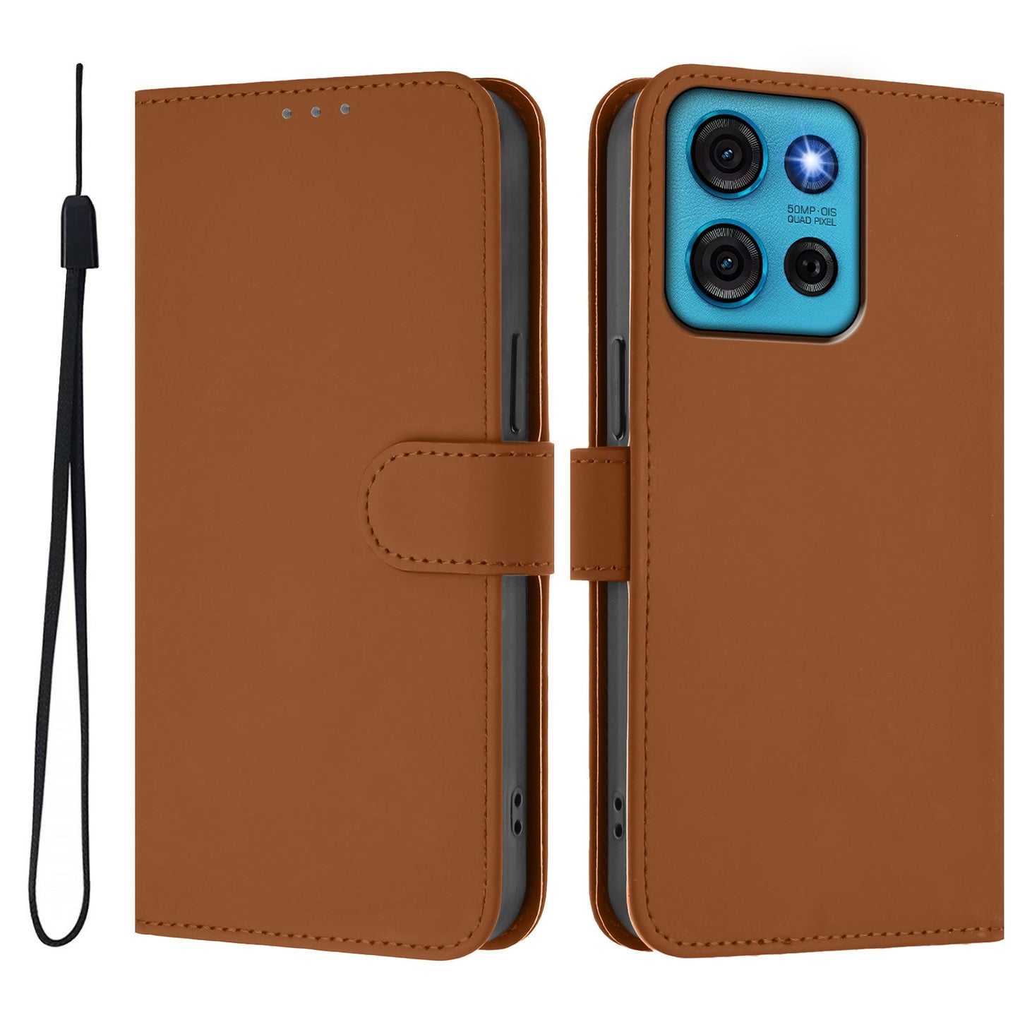 For Motorola Moto G75 5G Case Solid Color Wallet Leather Phone Cover with Strap - Brown
