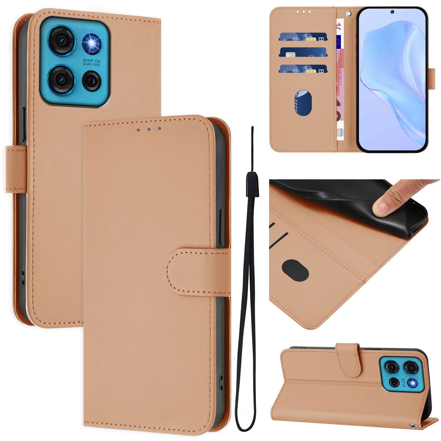 For Motorola Moto G75 5G Case Solid Color Wallet Leather Phone Cover with Strap - Nude