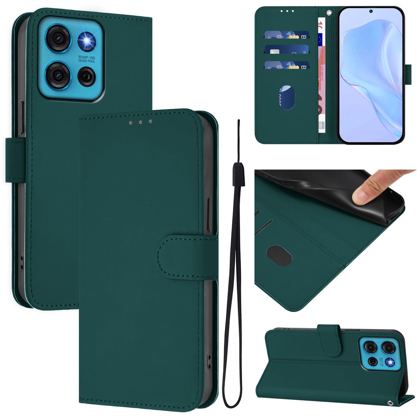 For Motorola Moto G75 5G Case Solid Color Wallet Leather Phone Cover with Strap - Dark Green