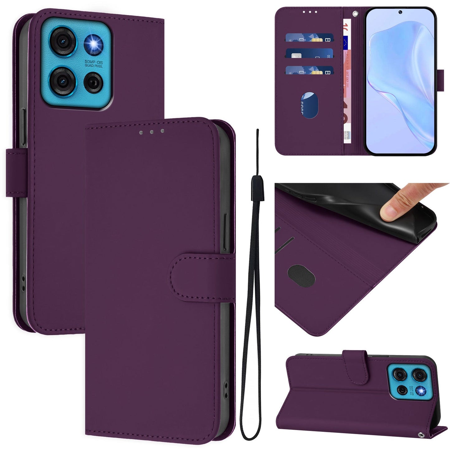For Motorola Moto G75 5G Case Solid Color Wallet Leather Phone Cover with Strap - Violet