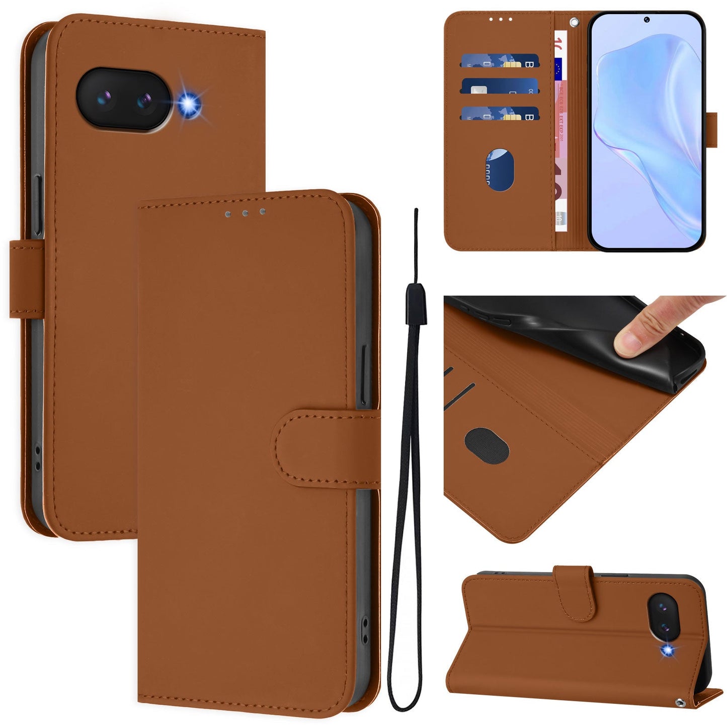 For Google Pixel 9a Case Solid Color Wallet Leather Phone Cover with Strap - Brown
