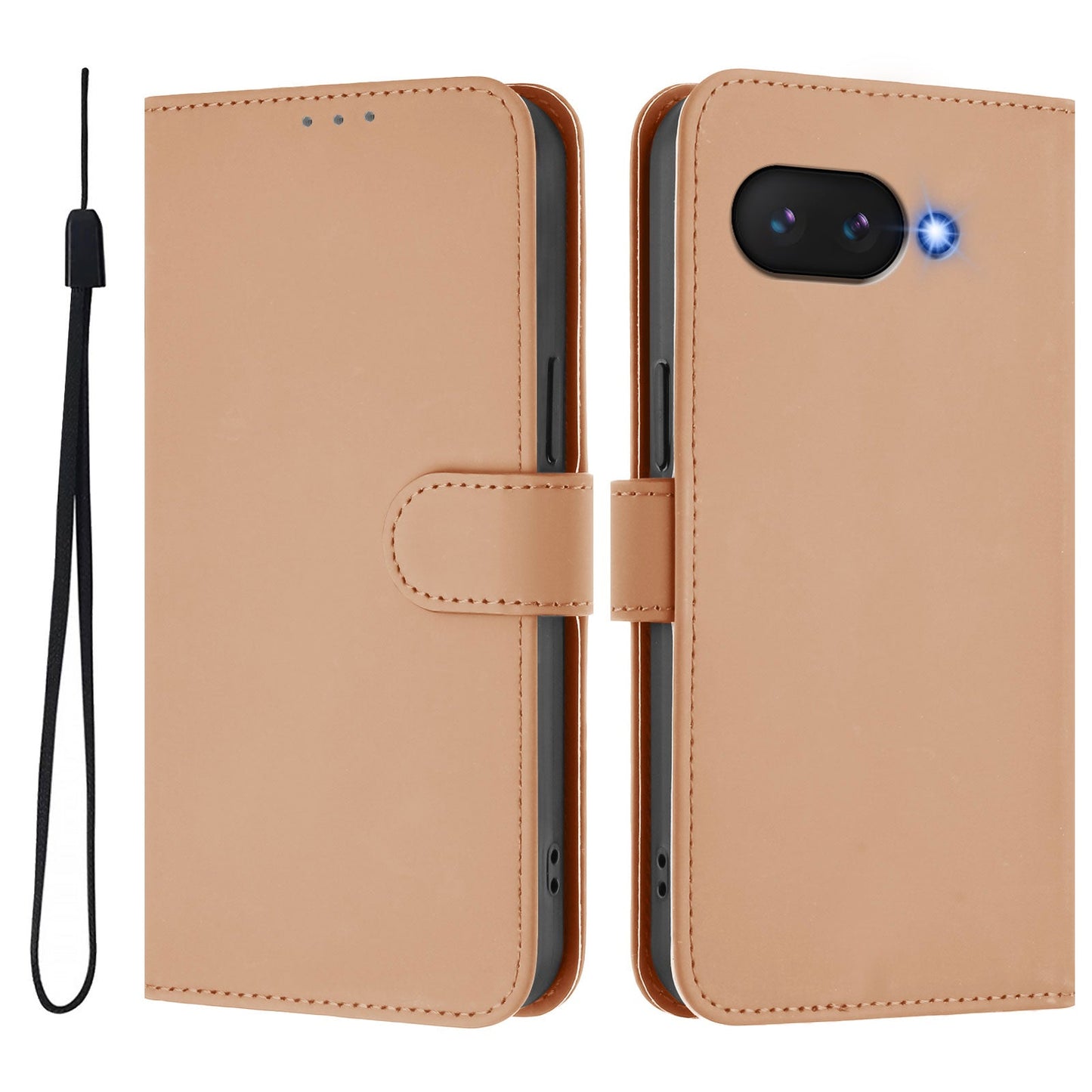 For Google Pixel 9a Case Solid Color Wallet Leather Phone Cover with Strap - Nude