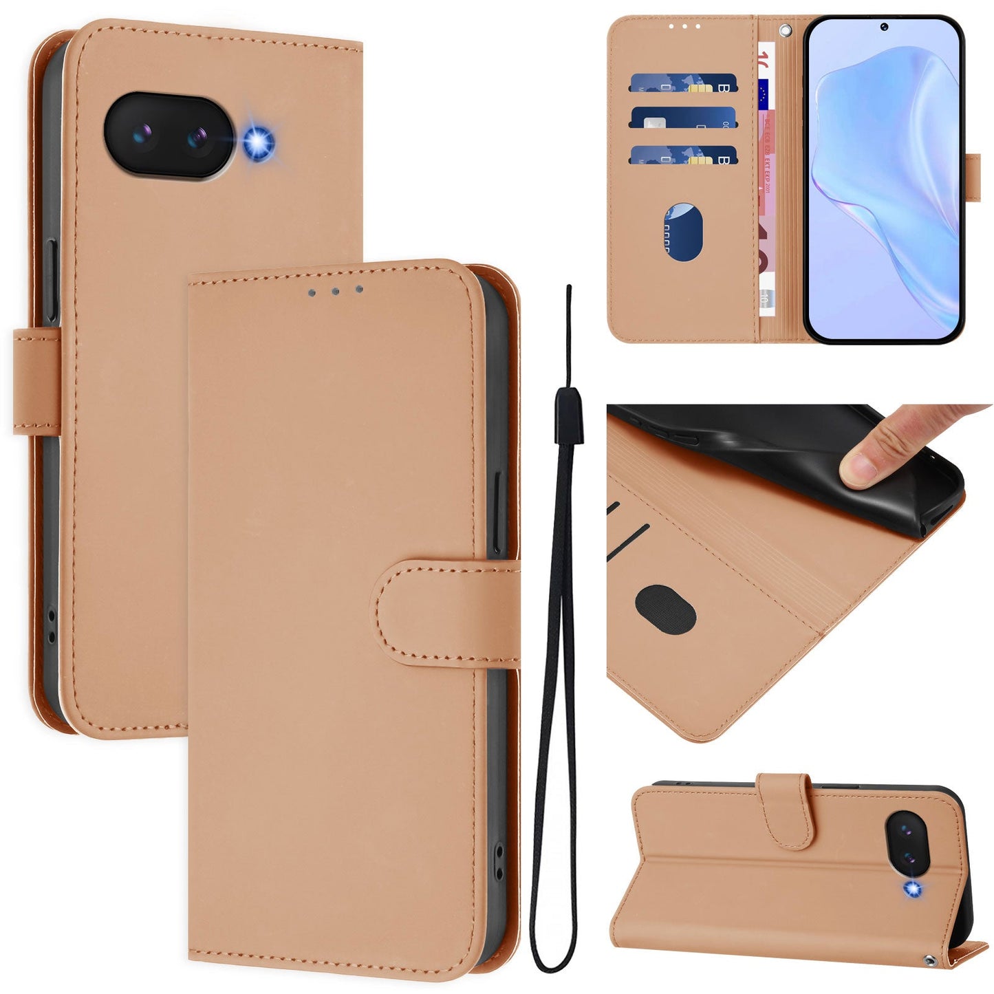 For Google Pixel 9a Case Solid Color Wallet Leather Phone Cover with Strap - Nude