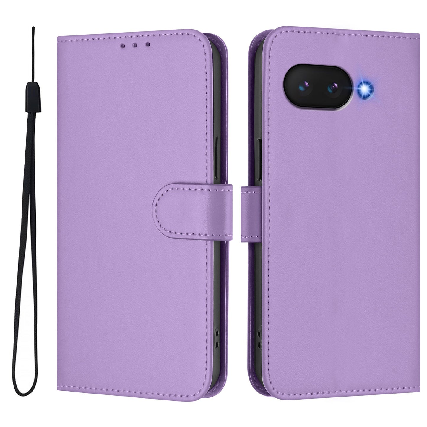 For Google Pixel 9a Case Solid Color Wallet Leather Phone Cover with Strap - Lavender