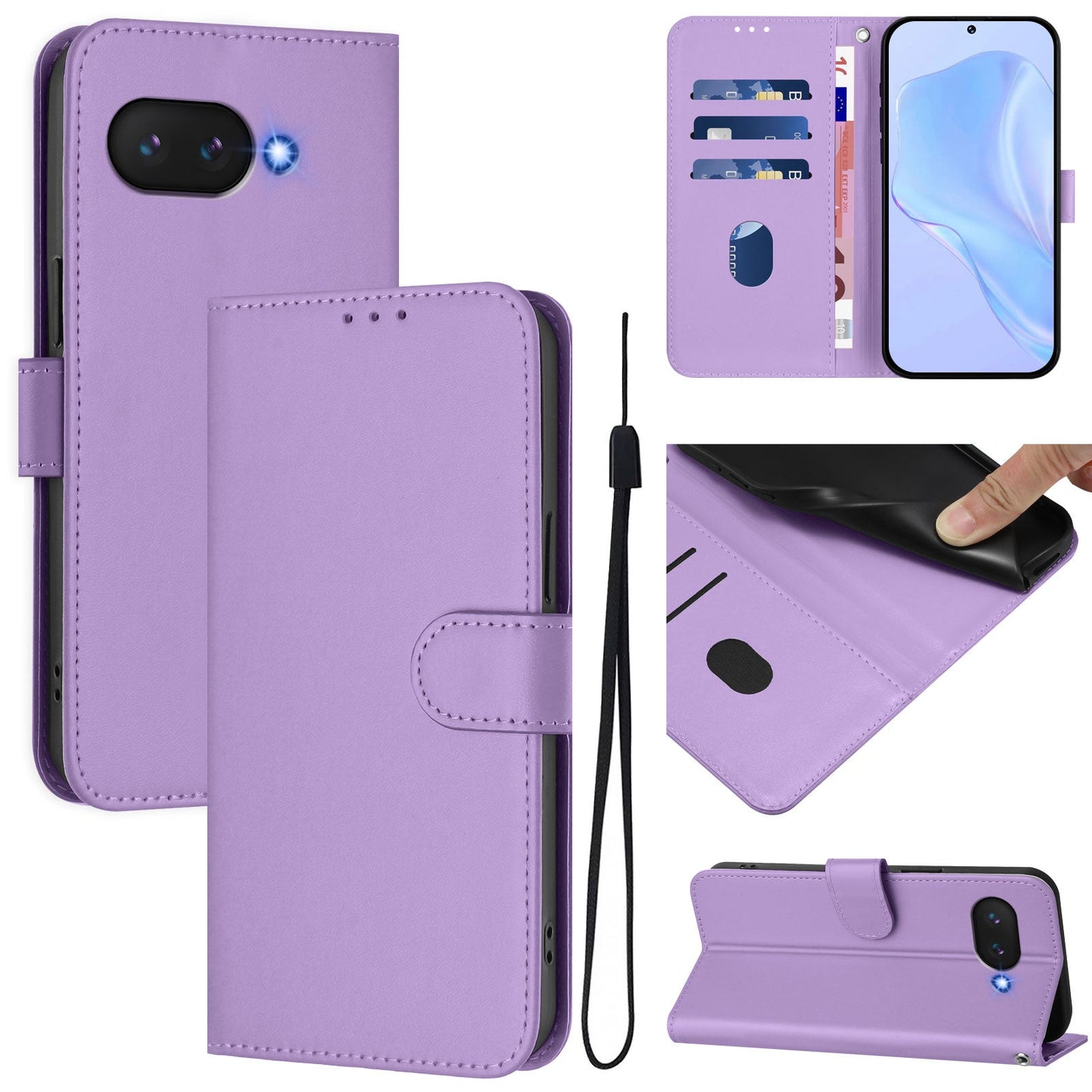 For Google Pixel 9a Case Solid Color Wallet Leather Phone Cover with Strap - Lavender