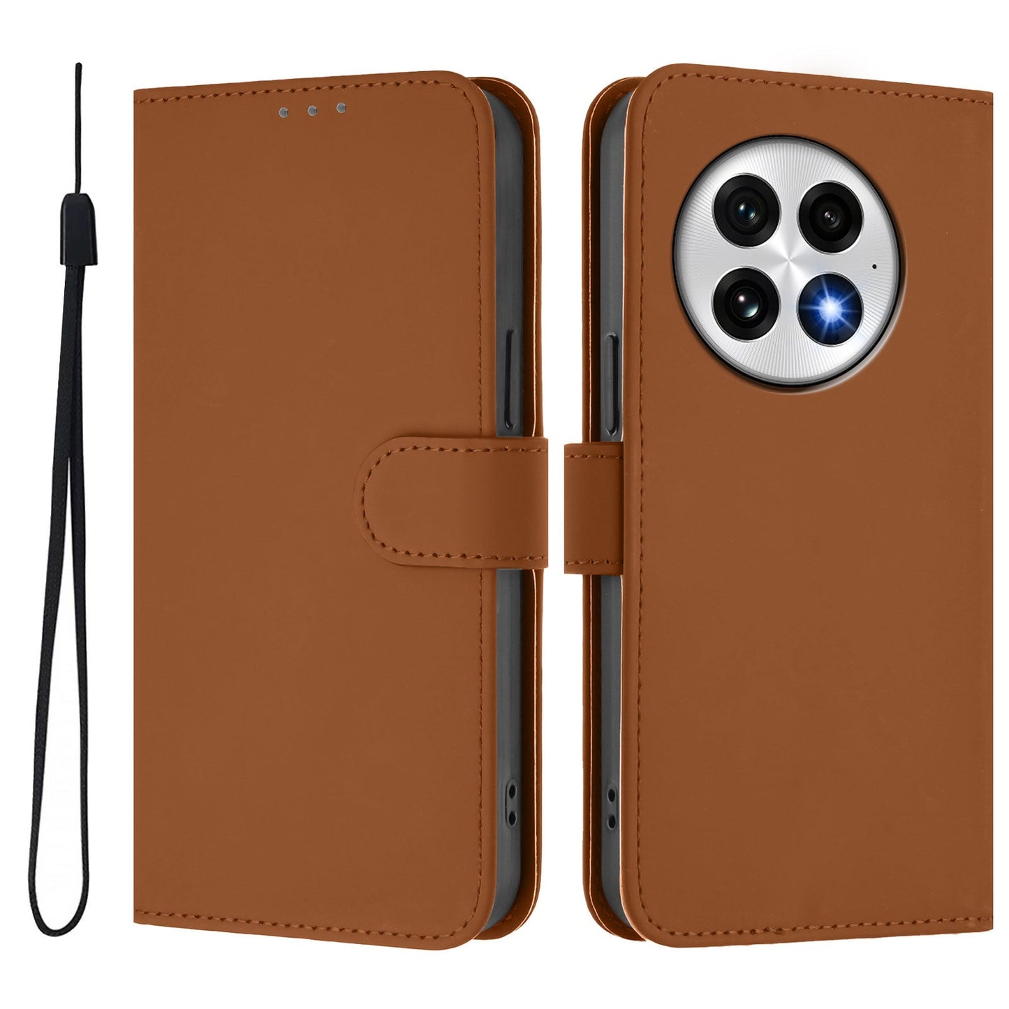 For OnePlus 13 Case Solid Color Wallet Leather Phone Cover with Strap - Brown