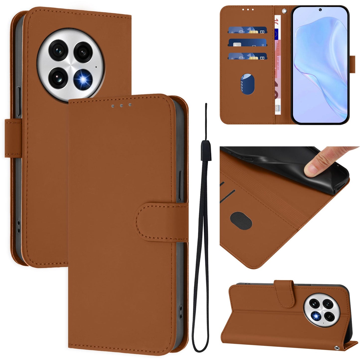 For OnePlus 13 Case Solid Color Wallet Leather Phone Cover with Strap - Brown