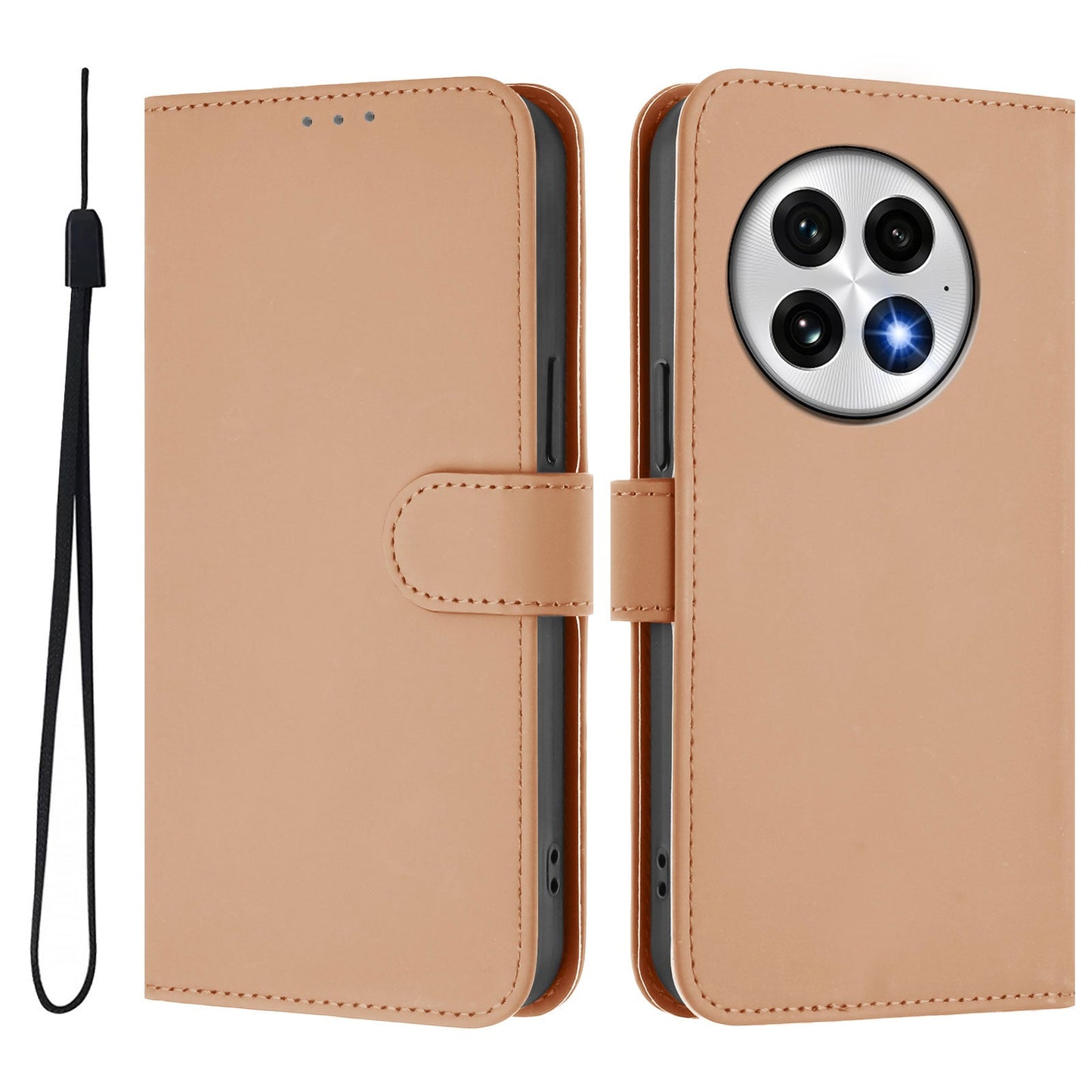 For OnePlus 13 Case Solid Color Wallet Leather Phone Cover with Strap - Nude