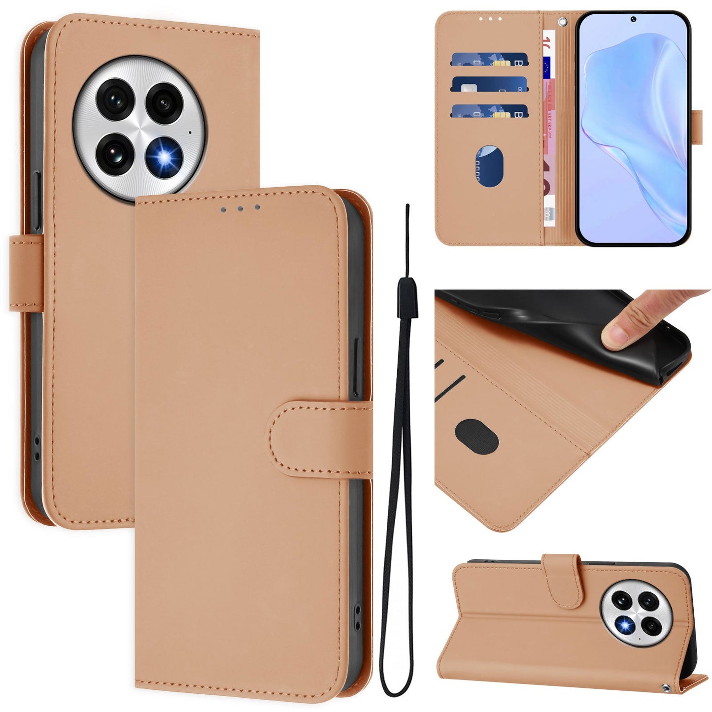 For OnePlus 13 Case Solid Color Wallet Leather Phone Cover with Strap - Nude