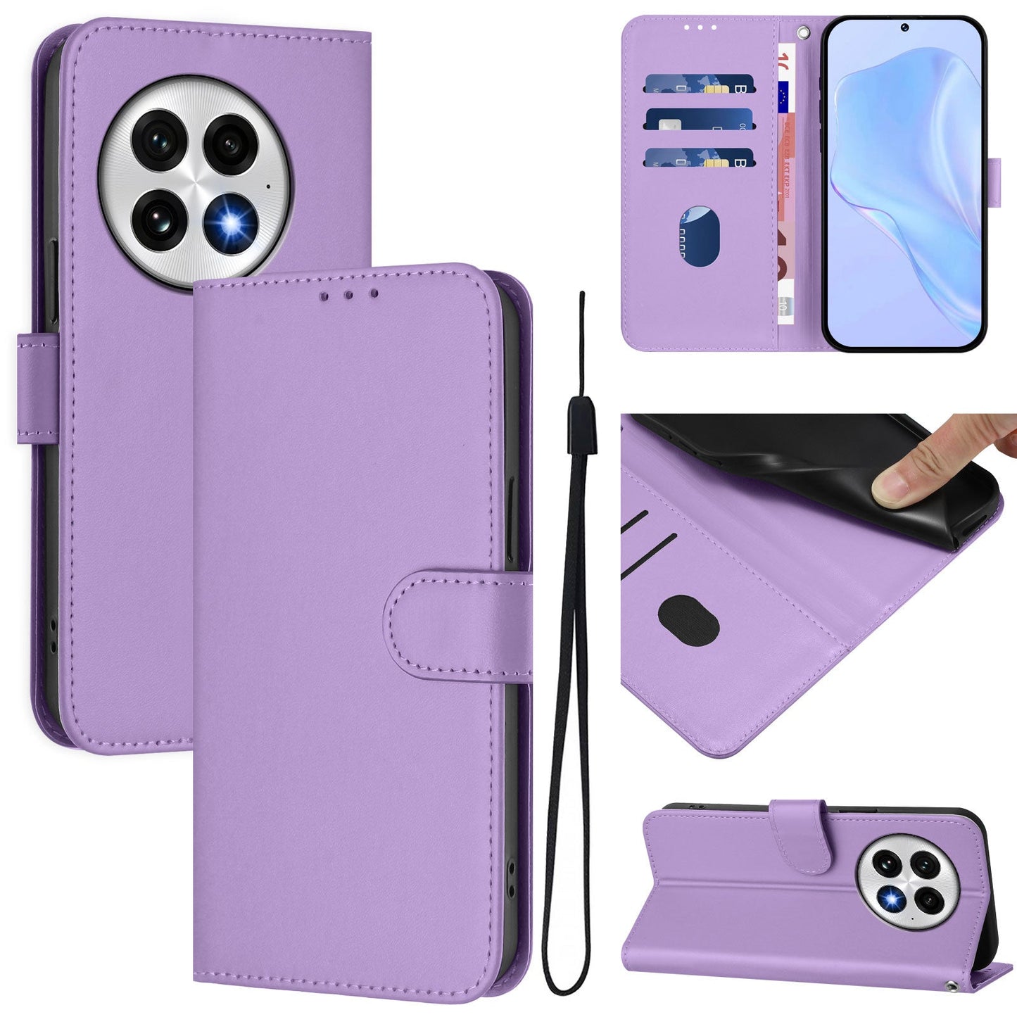 For OnePlus 13 Case Solid Color Wallet Leather Phone Cover with Strap - Lavender