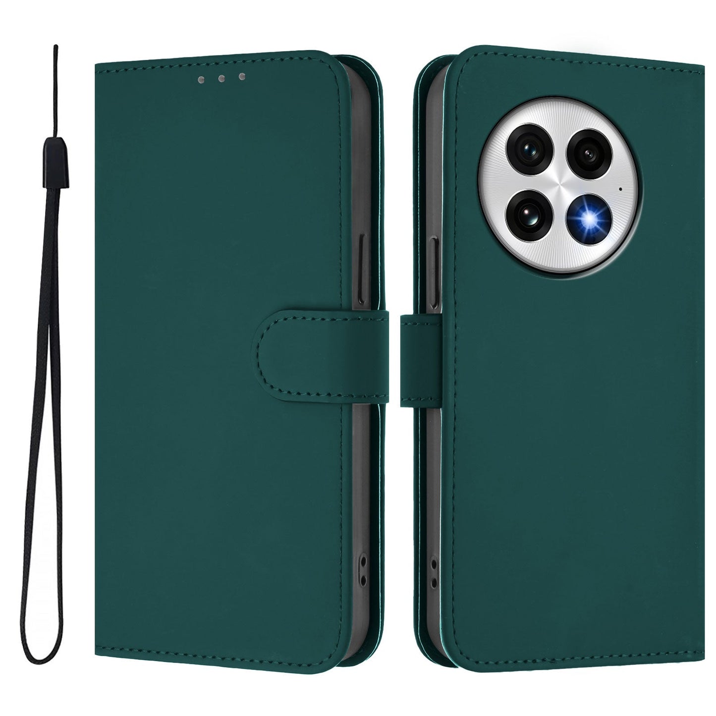 For OnePlus 13 Case Solid Color Wallet Leather Phone Cover with Strap - Dark Green