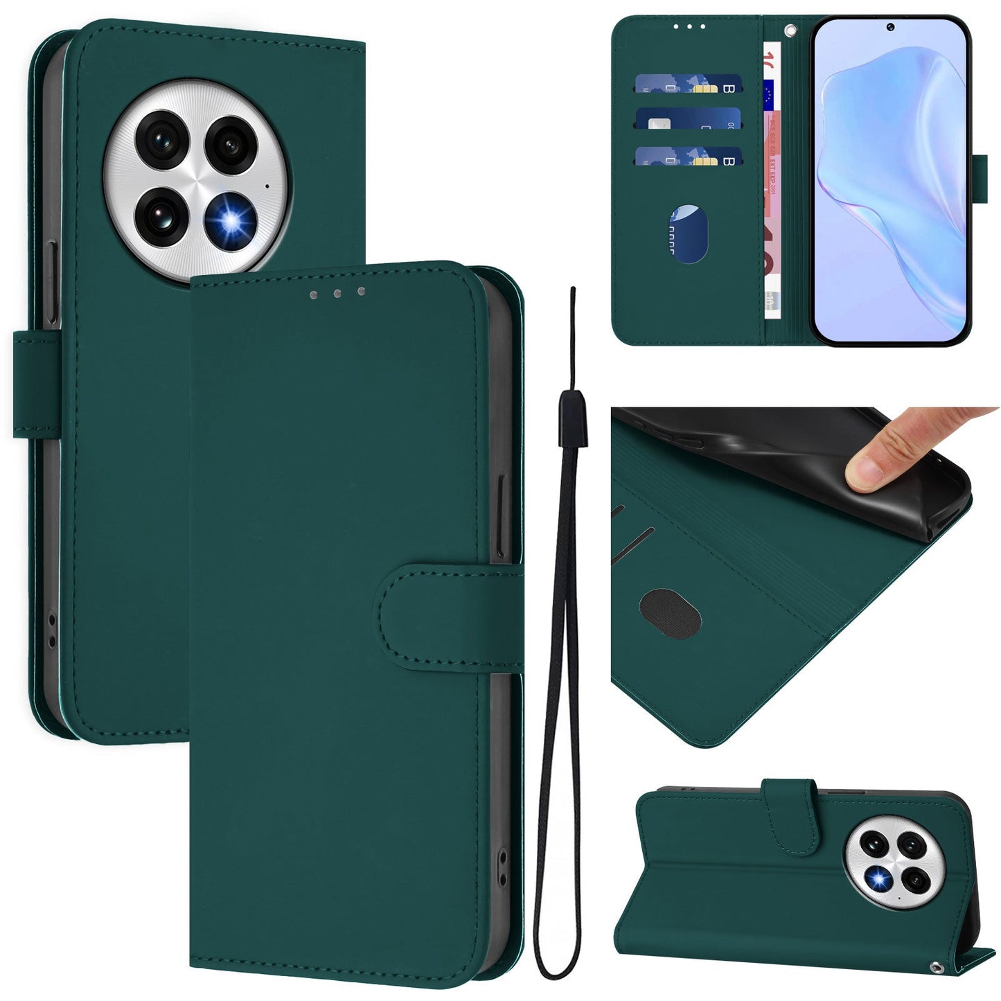 For OnePlus 13 Case Solid Color Wallet Leather Phone Cover with Strap - Dark Green