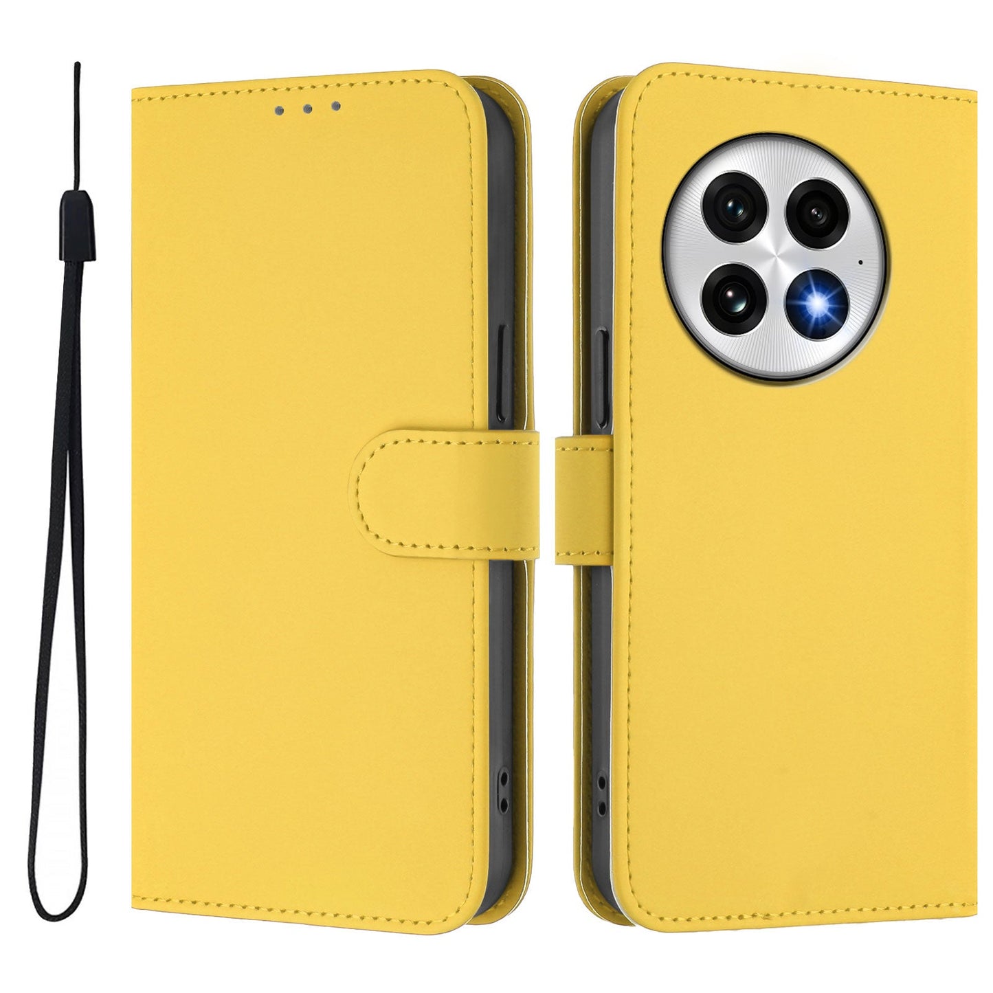 For OnePlus 13 Case Solid Color Wallet Leather Phone Cover with Strap - Lemon
