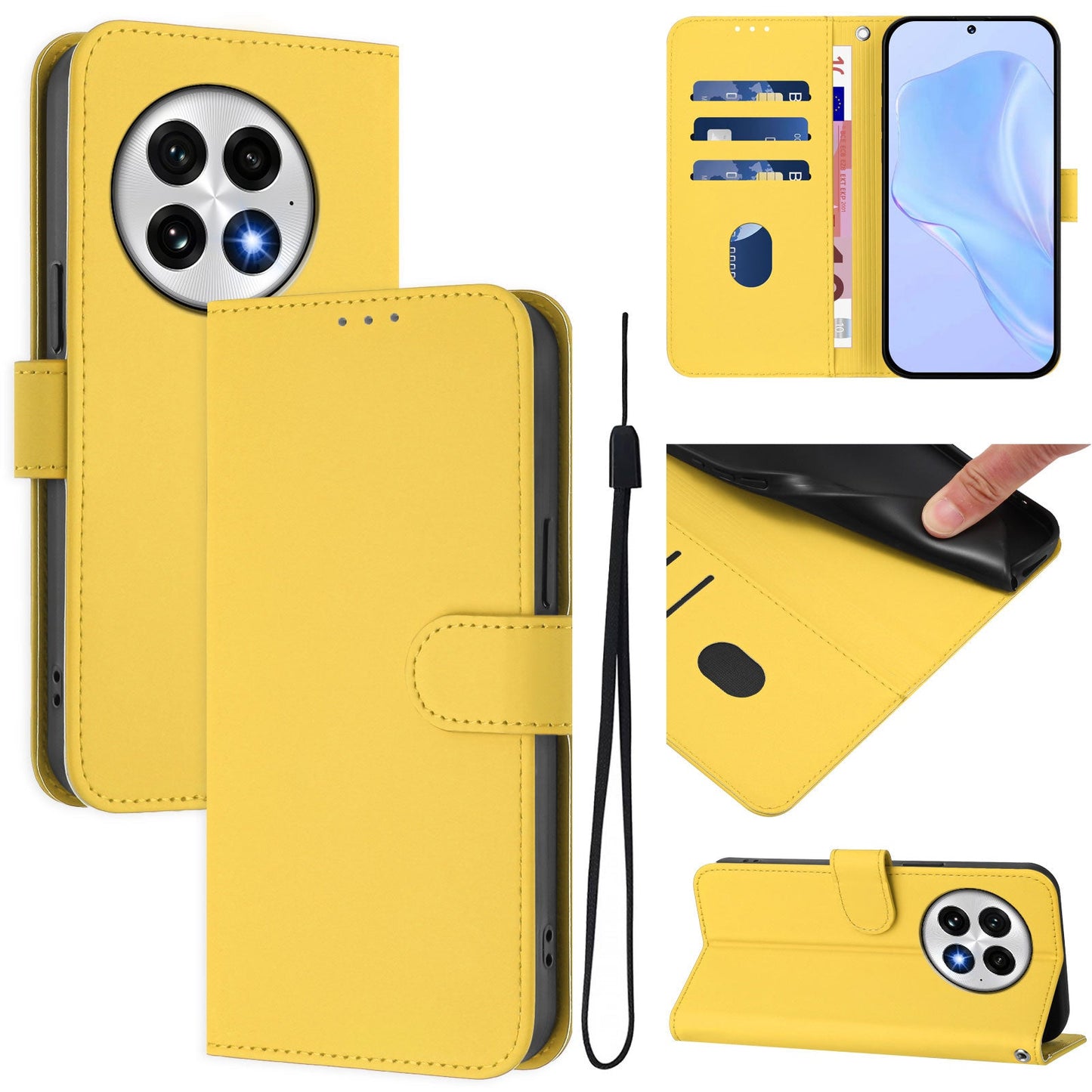 For OnePlus 13 Case Solid Color Wallet Leather Phone Cover with Strap - Lemon