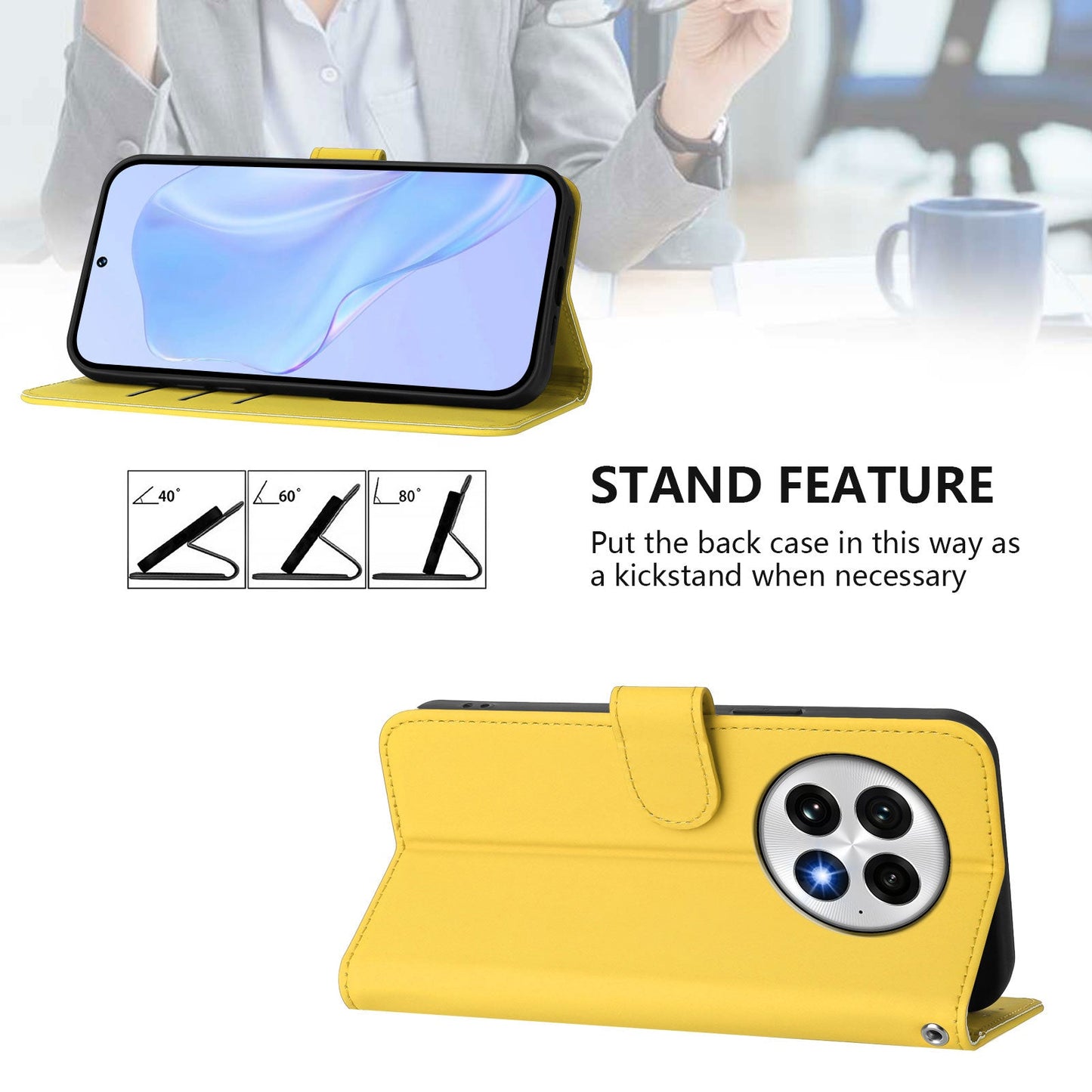 For OnePlus 13 Case Solid Color Wallet Leather Phone Cover with Strap - Lemon