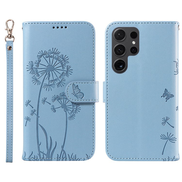 For Samsung Galaxy S24 Ultra Leather Case Wallet Phone Cover Dandelion Imprint - Sky Blue