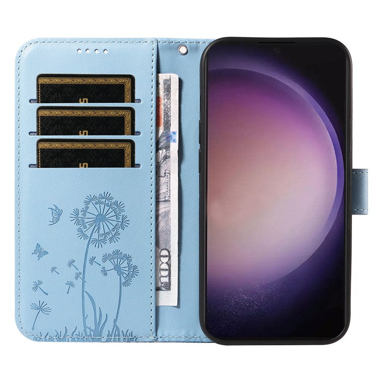 For Samsung Galaxy S24 Ultra Leather Case Wallet Phone Cover Dandelion Imprint - Sky Blue