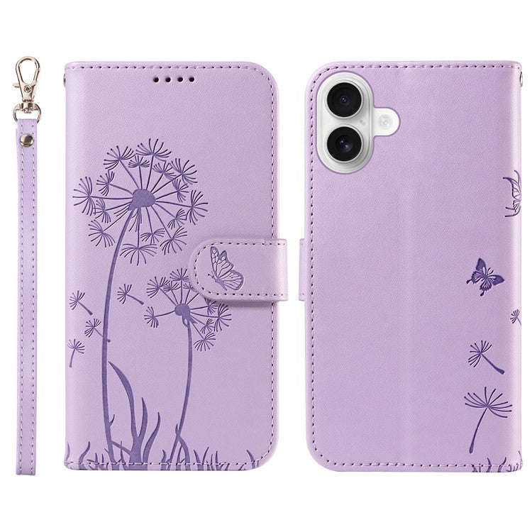 For iPhone 16 Leather Case Wallet Phone Cover Dandelion Imprint - Purple