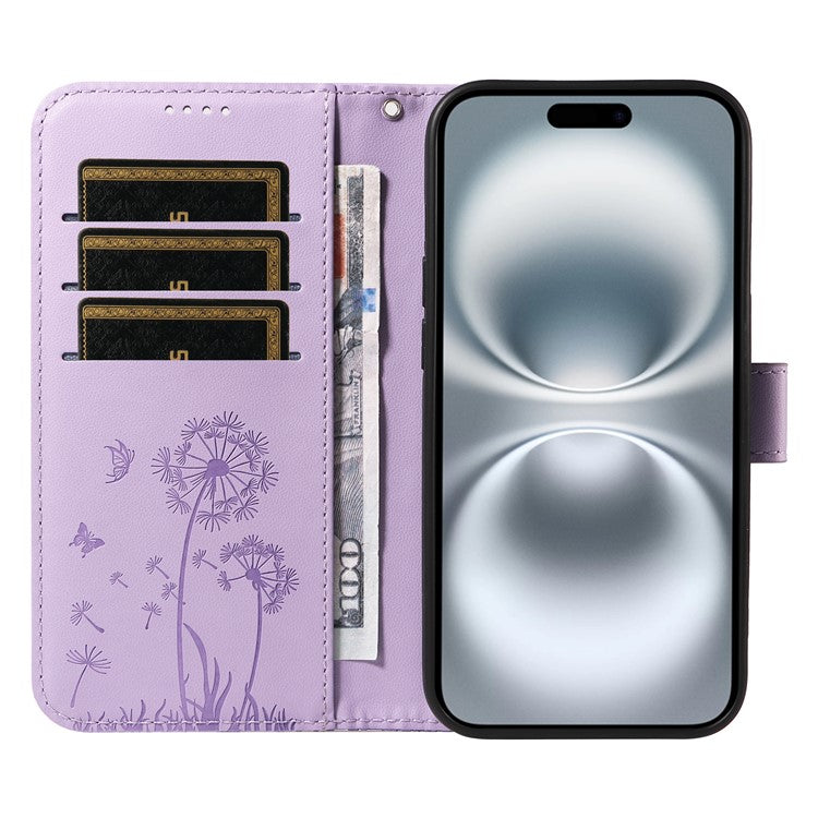 For iPhone 16 Leather Case Wallet Phone Cover Dandelion Imprint - Purple