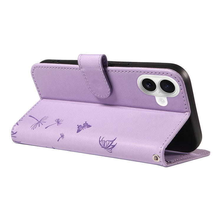 For iPhone 16 Leather Case Wallet Phone Cover Dandelion Imprint - Purple