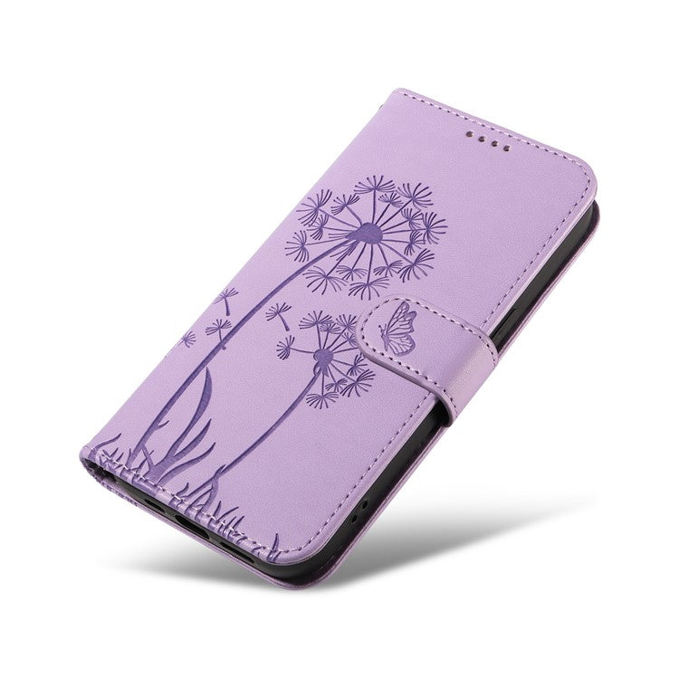 For iPhone 16 Leather Case Wallet Phone Cover Dandelion Imprint - Purple