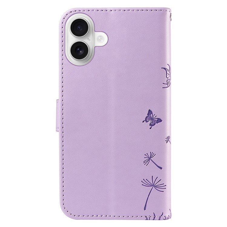 For iPhone 16 Leather Case Wallet Phone Cover Dandelion Imprint - Purple