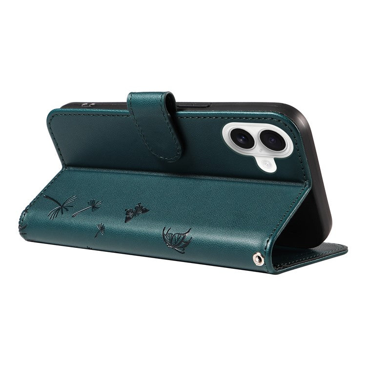 For iPhone 16 Leather Case Wallet Phone Cover Dandelion Imprint - Blue