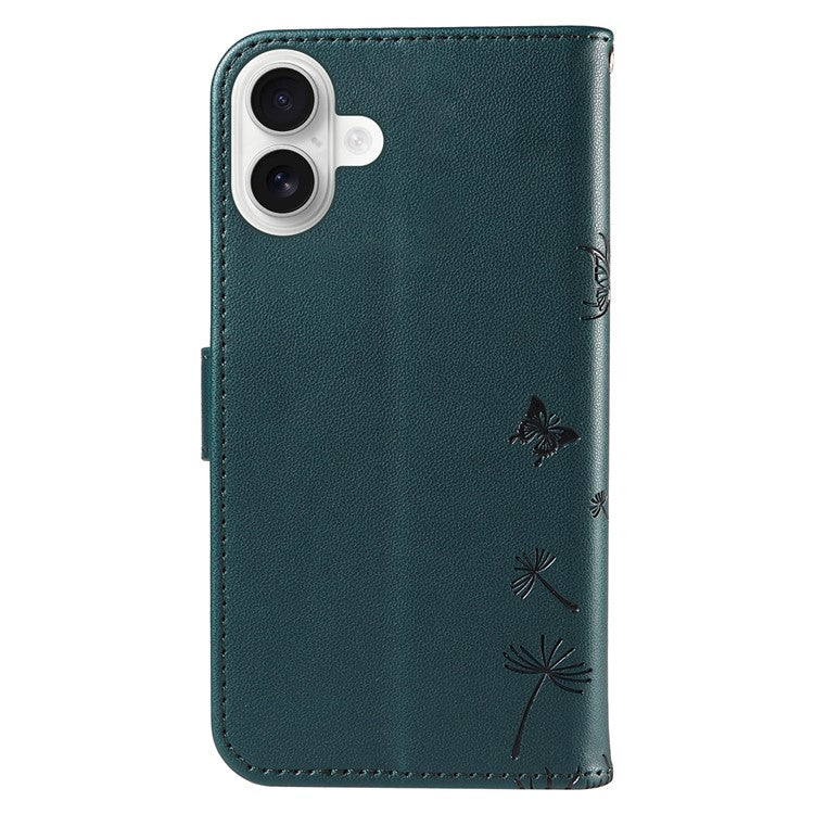 For iPhone 16 Leather Case Wallet Phone Cover Dandelion Imprint - Blue