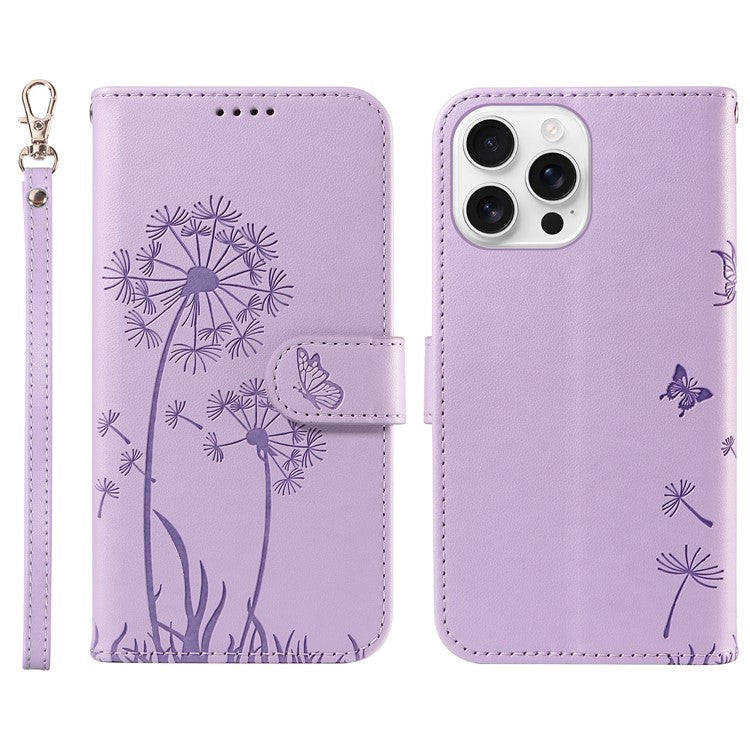 For iPhone 16 Pro Leather Case Wallet Phone Cover Dandelion Imprint - Purple