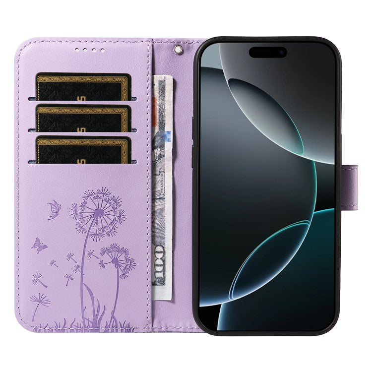 For iPhone 16 Pro Leather Case Wallet Phone Cover Dandelion Imprint - Purple