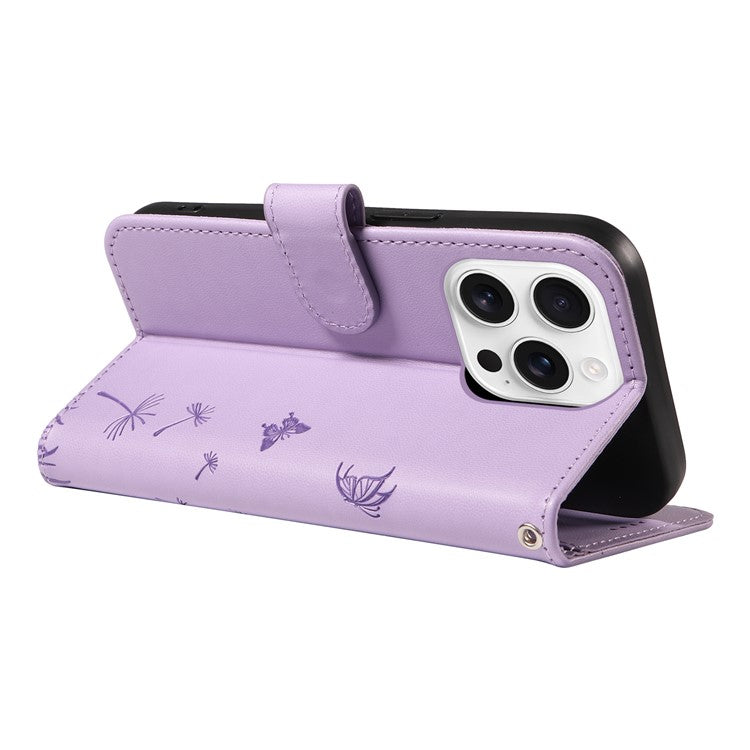 For iPhone 16 Pro Leather Case Wallet Phone Cover Dandelion Imprint - Purple
