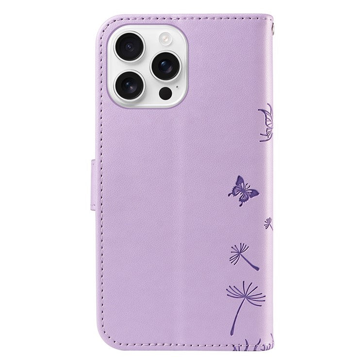 For iPhone 16 Pro Leather Case Wallet Phone Cover Dandelion Imprint - Purple