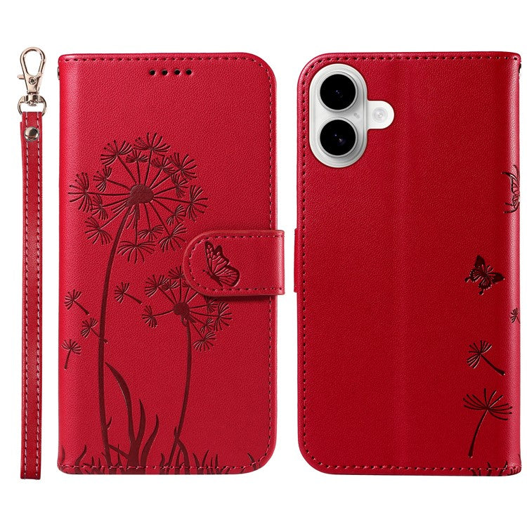 For iPhone 16 Plus Leather Case Wallet Phone Cover Dandelion Imprint - Red