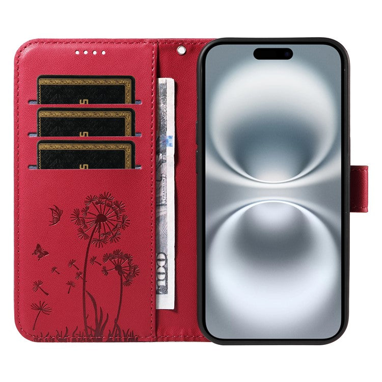 For iPhone 16 Plus Leather Case Wallet Phone Cover Dandelion Imprint - Red
