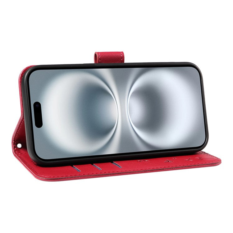 For iPhone 16 Plus Leather Case Wallet Phone Cover Dandelion Imprint - Red