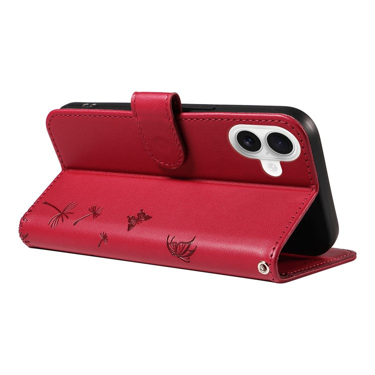 For iPhone 16 Plus Leather Case Wallet Phone Cover Dandelion Imprint - Red