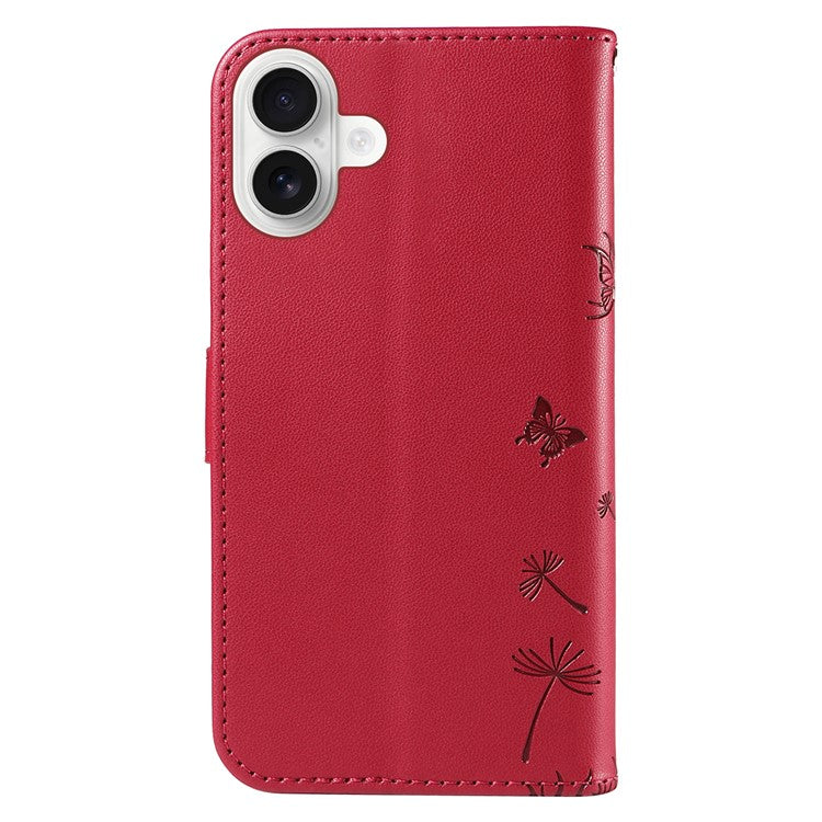 For iPhone 16 Plus Leather Case Wallet Phone Cover Dandelion Imprint - Red