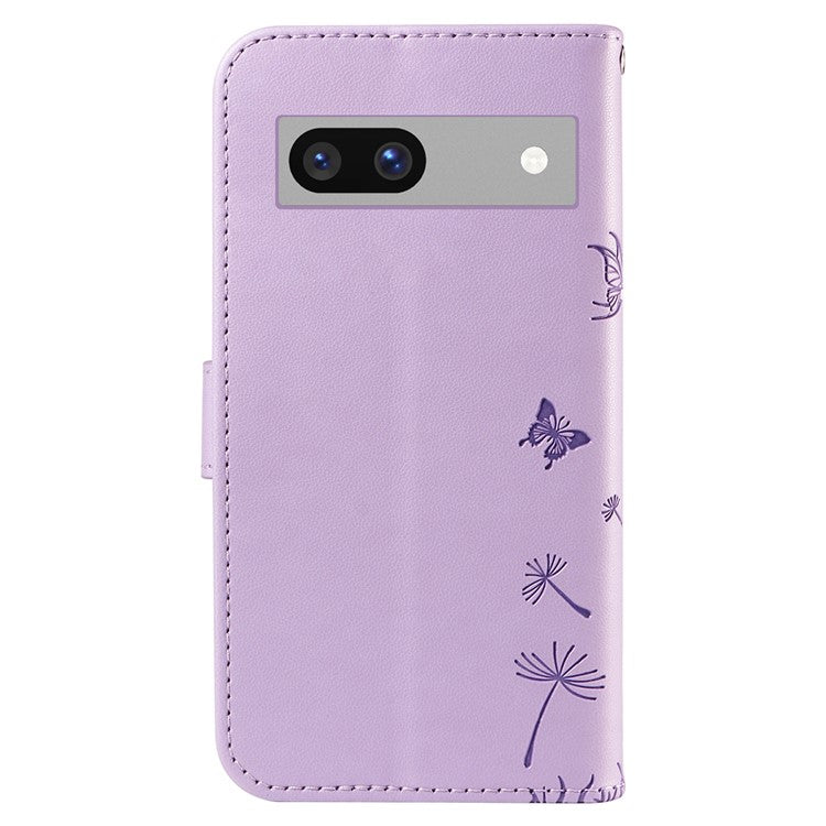 For Google Pixel 7a Leather Case Wallet Phone Cover Dandelion Imprint - Purple