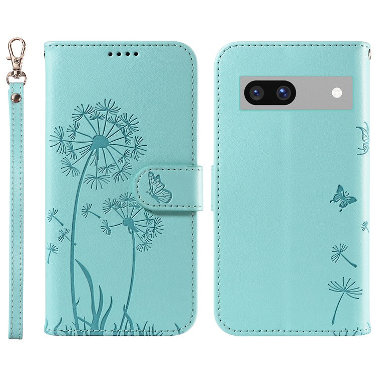 For Google Pixel 7a Leather Case Wallet Phone Cover Dandelion Imprint - Green