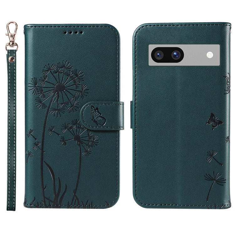 For Google Pixel 7a Leather Case Wallet Phone Cover Dandelion Imprint - Blue