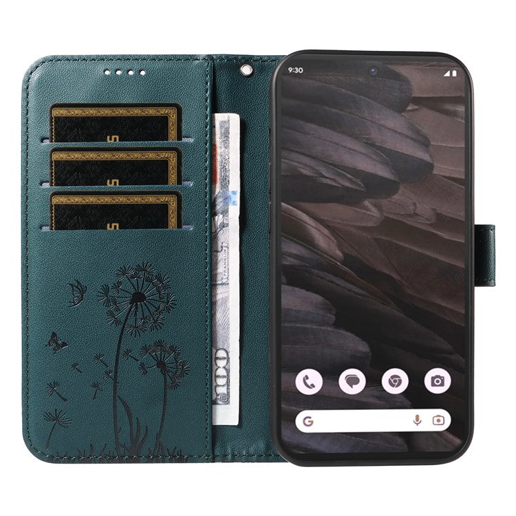 For Google Pixel 7a Leather Case Wallet Phone Cover Dandelion Imprint - Blue