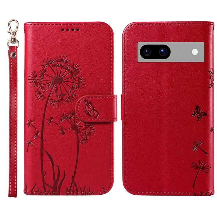 For Google Pixel 7a Leather Case Wallet Phone Cover Dandelion Imprint - Red